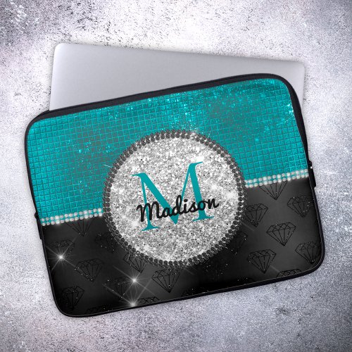 Chic faux Silver Glitter Turquoise Black monogram Laptop Sleeve