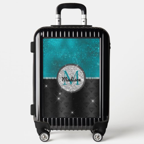 Chic faux Silver Glitter Turquoise Black monogram Luggage