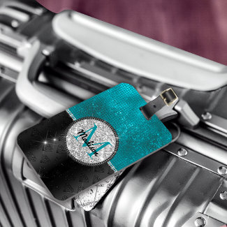 Chic faux Silver Glitter Turquoise Black monogram