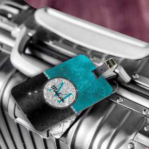 Chic faux Silver Glitter Turquoise Black monogram Luggage Tag
