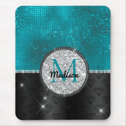 Chic faux Silver Glitter Turquoise Black monogram Mouse Pad