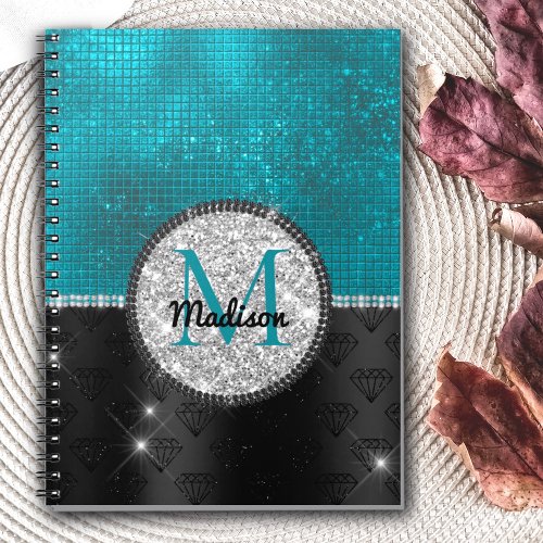 Chic faux Silver Glitter Turquoise Black monogram Notebook