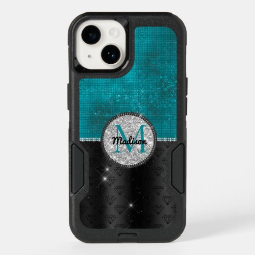 Chic faux Silver Glitter Turquoise Black monogram OtterBox iPhone 14 Case