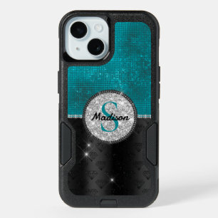 Chic faux Silver Glitter Turquoise Black monogram iPhone 15 Case