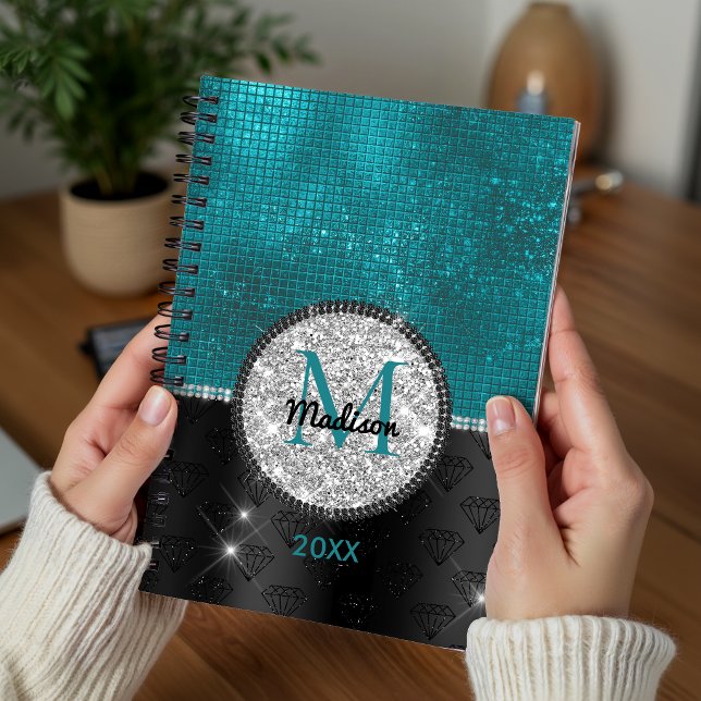 Chic faux Silver Glitter Turquoise Black monogram Planner (Creator Uploaded)