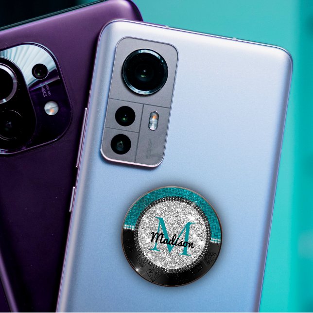 Chic faux Silver Glitter Turquoise Black monogram PopSocket (Creator Uploaded)