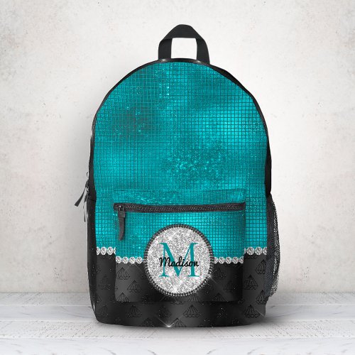 Chic faux Silver Glitter Turquoise Black monogram Printed Backpack