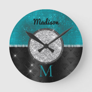 Chic faux Silver Glitter Turquoise Black monogram Round Clock