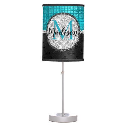 Chic faux Silver Glitter turquoise Black monogram Table Lamp
