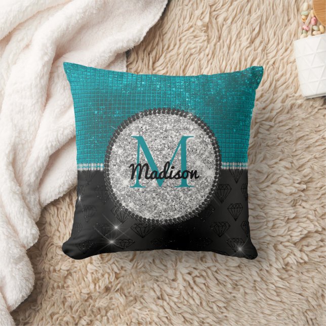 Chic faux Silver Glitter Turquoise Black monogram Throw Pillow (Blanket)