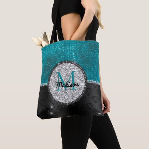 Chic faux Silver Glitter Turquoise Black monogram Tote Bag