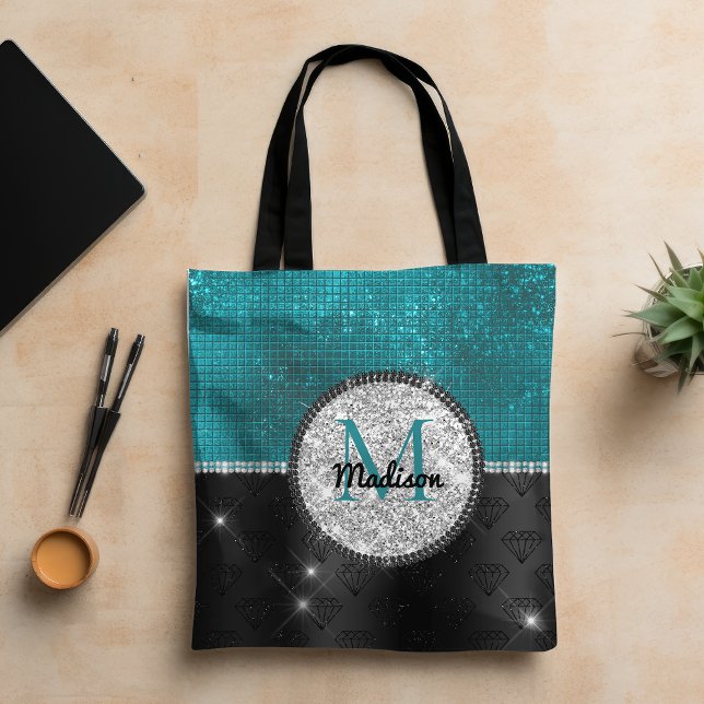Chic faux Silver Glitter Turquoise Black monogram Tote Bag (Creator Uploaded)