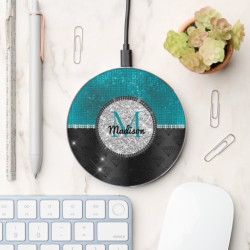 Chic faux Silver Glitter Turquoise Black monogram Wireless Charger