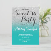 Chic faux silver glitter turquoise ombre Sweet 16 Invitation (Standing Front)