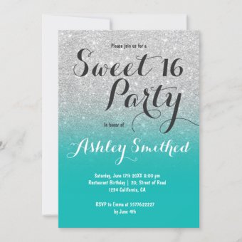 Chic faux silver glitter turquoise ombre Sweet 16 Invitation | Zazzle