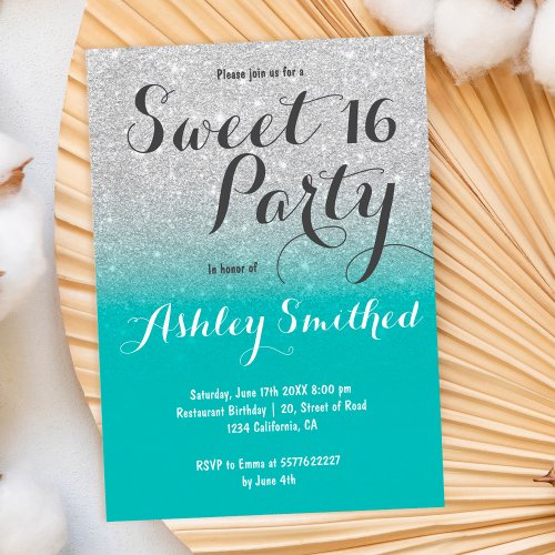 Chic faux silver glitter turquoise ombre Sweet 16 Invitation