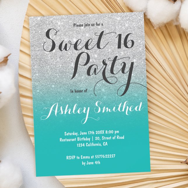 Chic faux silver glitter turquoise ombre Sweet 16 Invitation