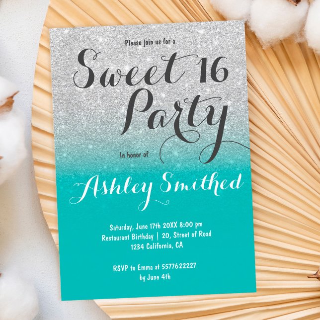 Chic faux silver glitter turquoise ombre Sweet 16 Invitation (Creator Uploaded)
