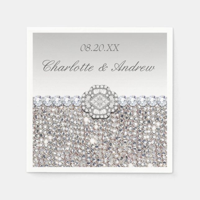 Chic Faux Silver Sequins Diamonds Wedding Paper Napkins (Front)