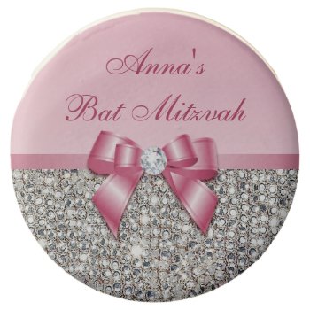 Chic Faux Silver Sequins Pink Bow Bat Mitzvah Chocolate Dipped Oreo by GroovyGraphics at Zazzle