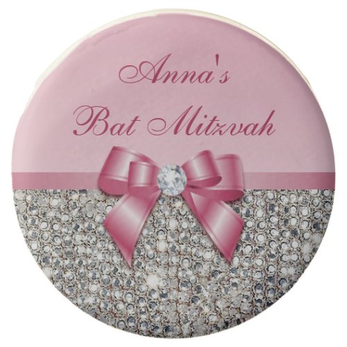 Chic Faux Silver Sequins Pink Bow Bat Mitzvah Chocolate Dipped Oreo