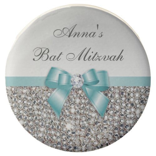 Chic Faux Silver Sequins Teal Bow Bat Mitzvah Chocolate Dipped Oreo