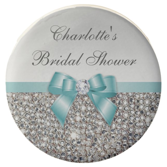 Chic Faux Silver Sequins Teal Bow Bridal Shower Chocolate Dipped Oreo (Front)