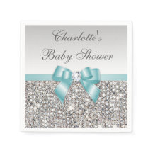 Chic Faux Teal Bow Silver Sequins Baby Shower