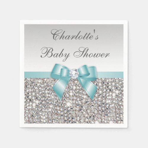 Chic Faux Teal Bow Silver Sequins Baby Shower Paper Napkins