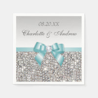Chic Faux Teal Bow Silver Sequins Wedding