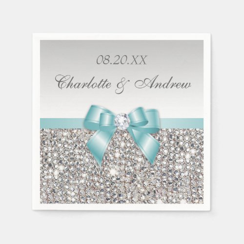 Chic Faux Teal Bow Silver Sequins Wedding Paper Napkins