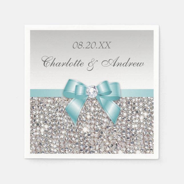 Chic Faux Teal Bow Silver Sequins Wedding Paper Napkins (Front)