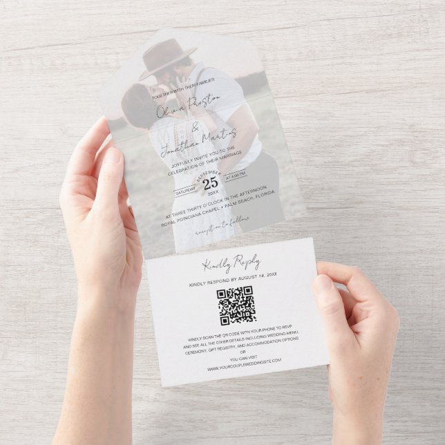 Chic Faux Vellum Effect Photo Wedding QR Code RSVP All In One Invitation (Tearaway)