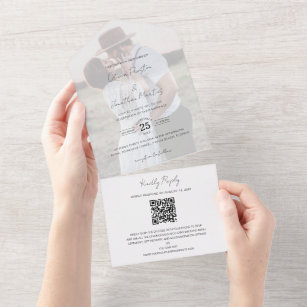 Chic Faux Vellum Effect Photo Wedding QR Code RSVP All In One Invitation