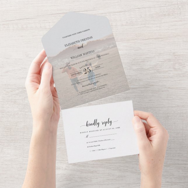 Chic Faux Vellum Effect Photo Wedding with RSVP All In One Invitation (Tearaway)