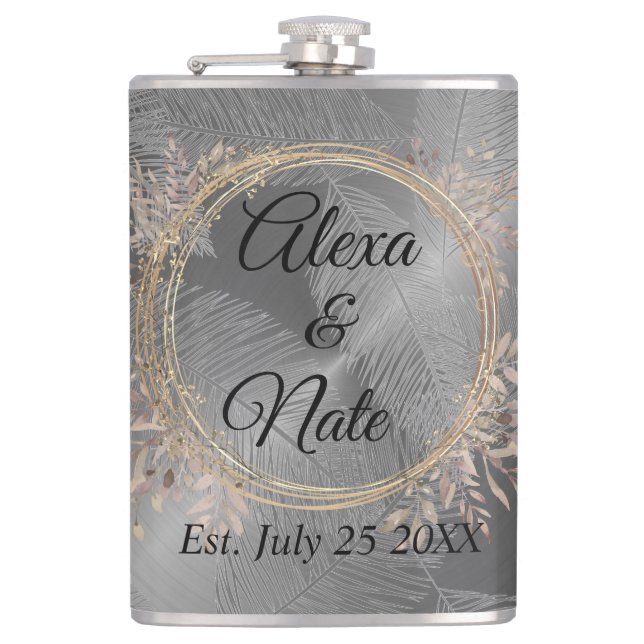 Chic Feathers Floral Wreath Wedding   Flask (Front)