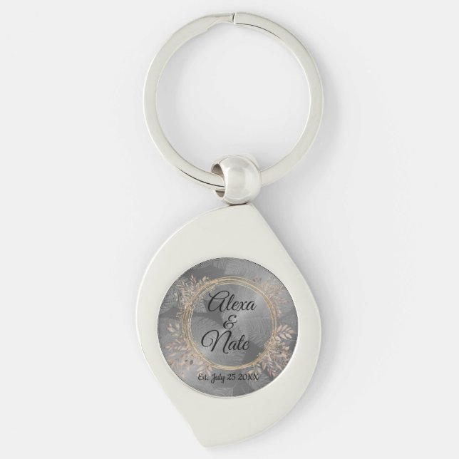 Chic Feathers Floral Wreath Wedding  Keychain (Front)
