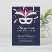 Chic Feathers Masquerade Sweet 16 Party Invitation (Standing Front)