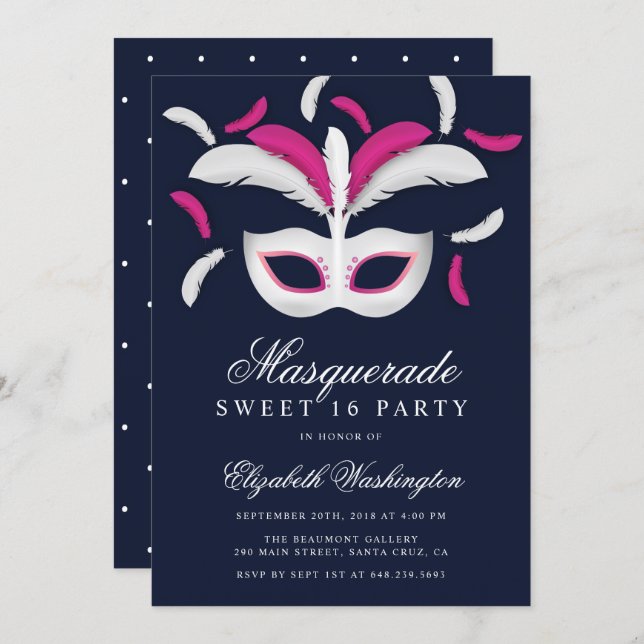 Chic Feathers Masquerade Sweet 16 Party Invitation (Front/Back)