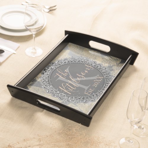 Chic Feathers on Silver Monogram Family    Acrylic Serving Tray