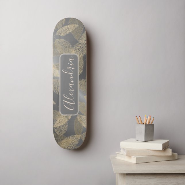 Chic Feathers on Sleek Silver Personalized Skatebo Skateboard (Wall Art)