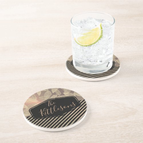 Chic Feathers with Gold Stripes Monogram Family Coaster