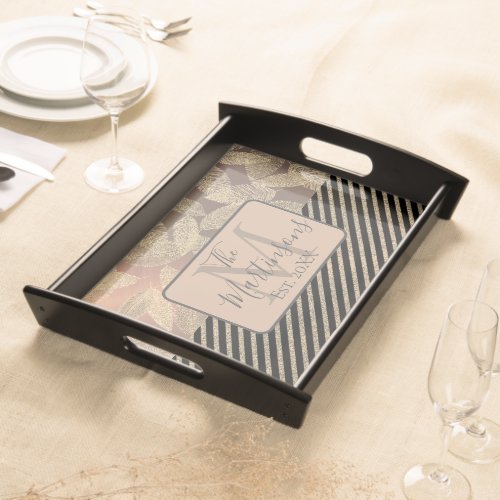 Chic Feathers with Gold Stripes Monogram Family Serving Tray