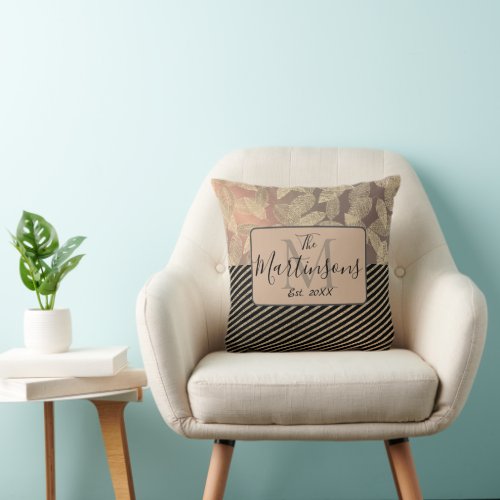 Chic Feathers with Gold Stripes Monogram Family Throw Pillow