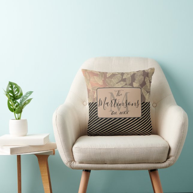 Chic Feathers with Gold Stripes Monogram Family Throw Pillow (Chair)
