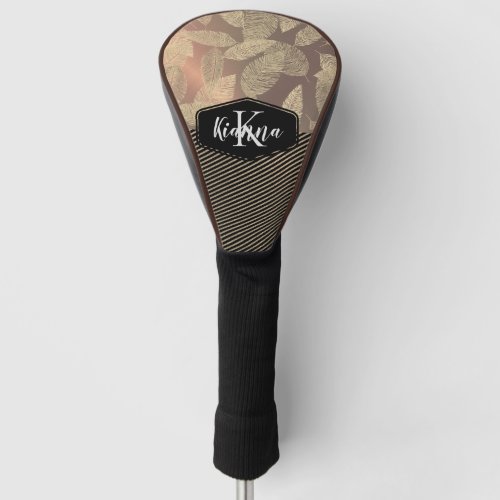 Chic Feathers with Gold Stripes Monogram          Golf Head Cover