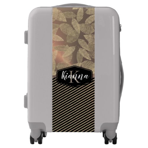 Chic Feathers with Gold Stripes Monogram         L Luggage