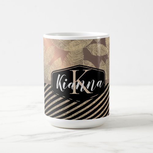 Chic Feathers with Gold Stripes Monogram         Magic Mug