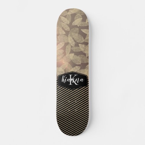 Chic Feathers with Gold Stripes Monogram         Skateboard