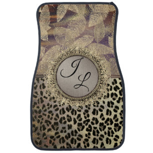 Chic Feathers with Leopard Print Monogram Car Floor Mat